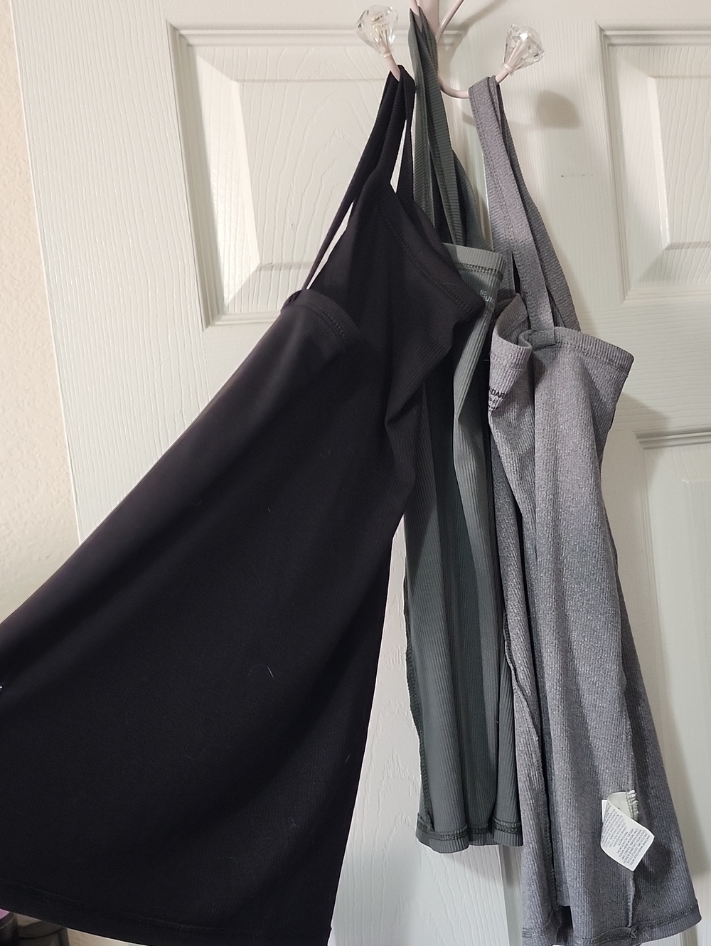 Set of Three Ribbed Tank Dresses in Black, Olive, and Heather Gray
